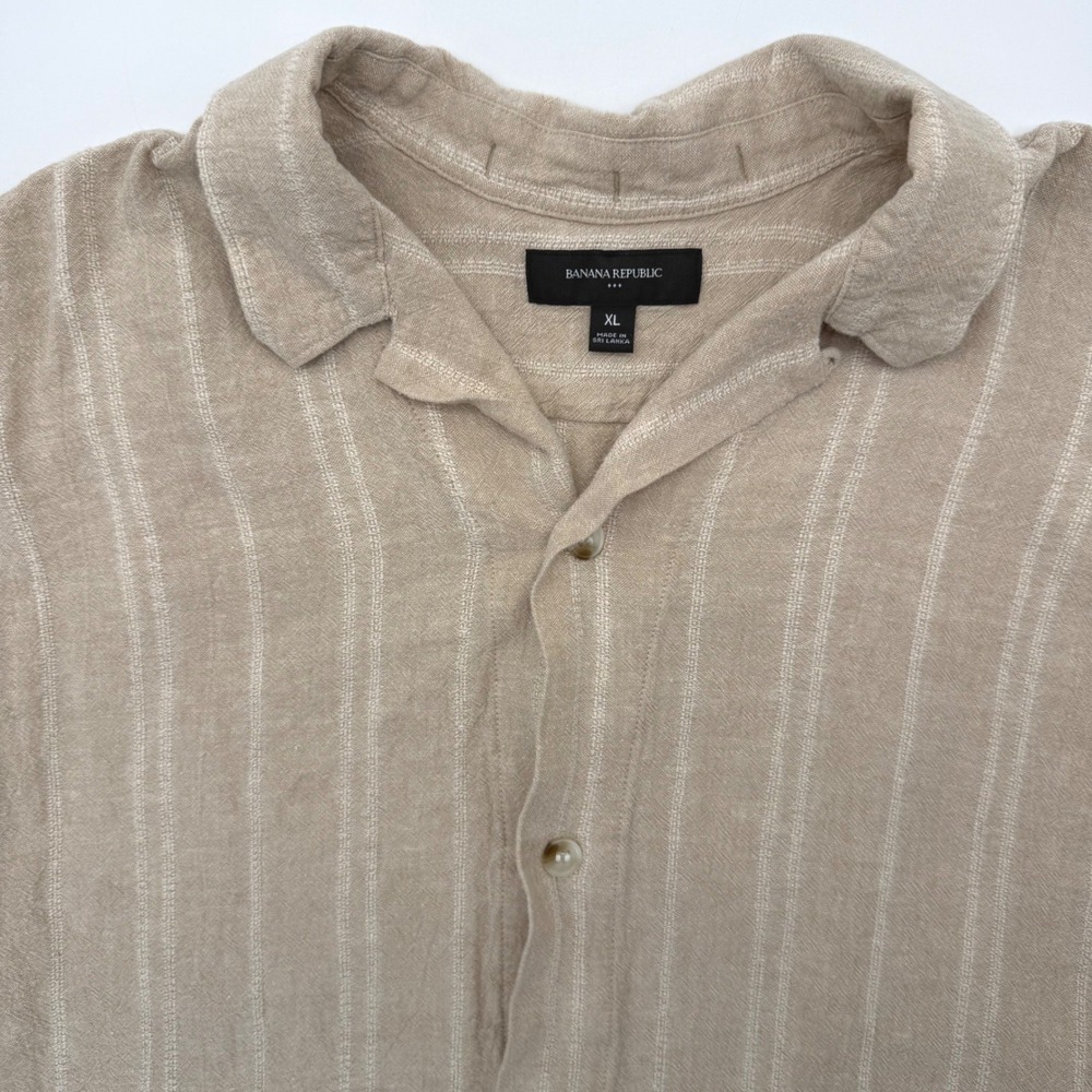 Banana Republic Shirt Men XL Beige Striped Linen Blend Short Sleeve Camp Collar